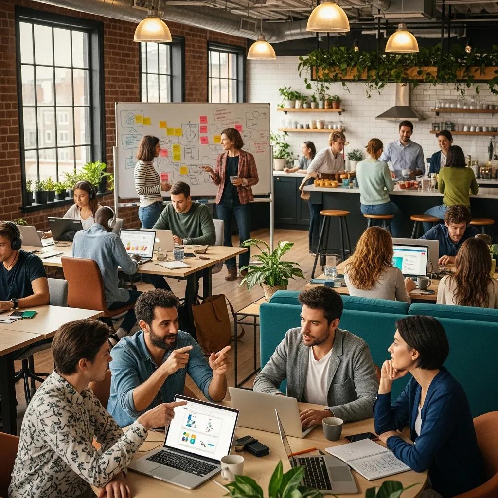 Diverse professionals collaborating in a coworking space, showcasing the benefits of community and inspiration