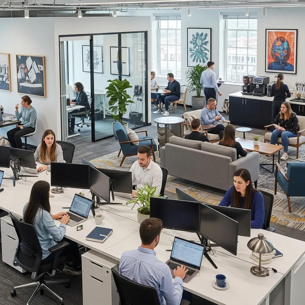 Flexible workspace options in a coworking environment showcasing hot desks and private offices