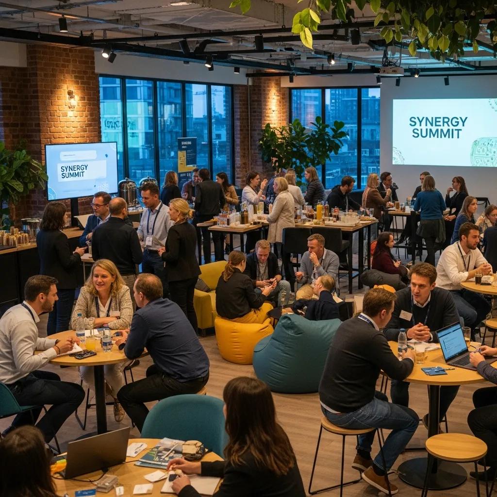 Networking event in a coworking space with professionals engaging and collaborating