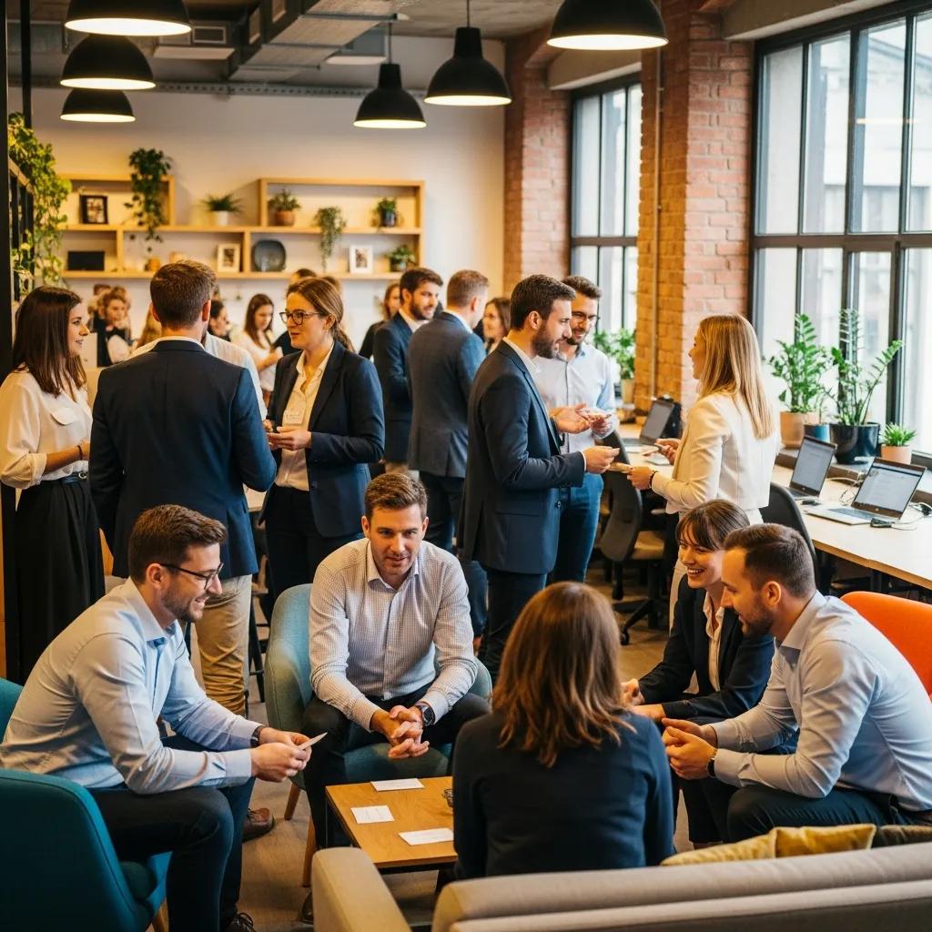 Networking event in a coworking space with professionals engaging and exchanging ideas