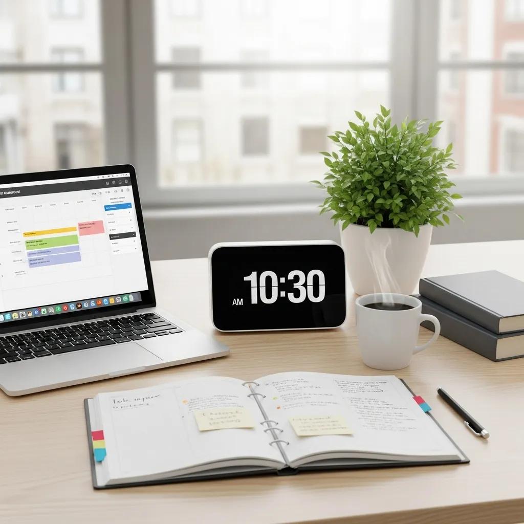 Organized desk with planner and clock, representing effective time management techniques