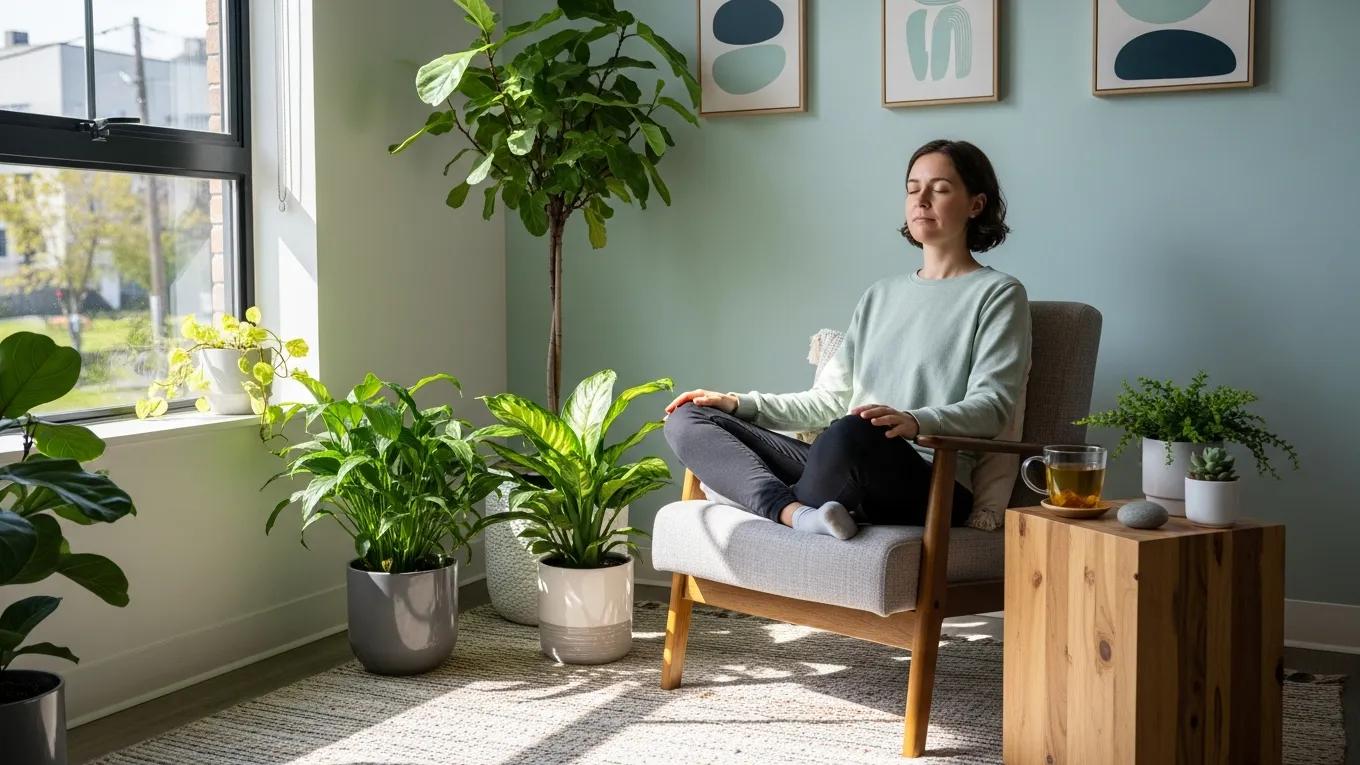 Žena meditira u udobnoj fotelji, okružena biljkama, s čajem na drvenoj stoliću, u svijetloj i mirnoj prostoriji, promičući mentalno zdravlje i mindfulness u radnom okruženju.