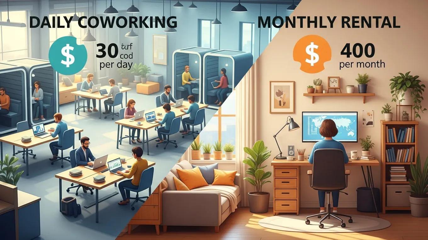 Dnevni coworking prostor s radnicima na laptopima i privatni ured s osobom ispred računala, usporedba cijena 30 € po danu i 400 € mjesečno.