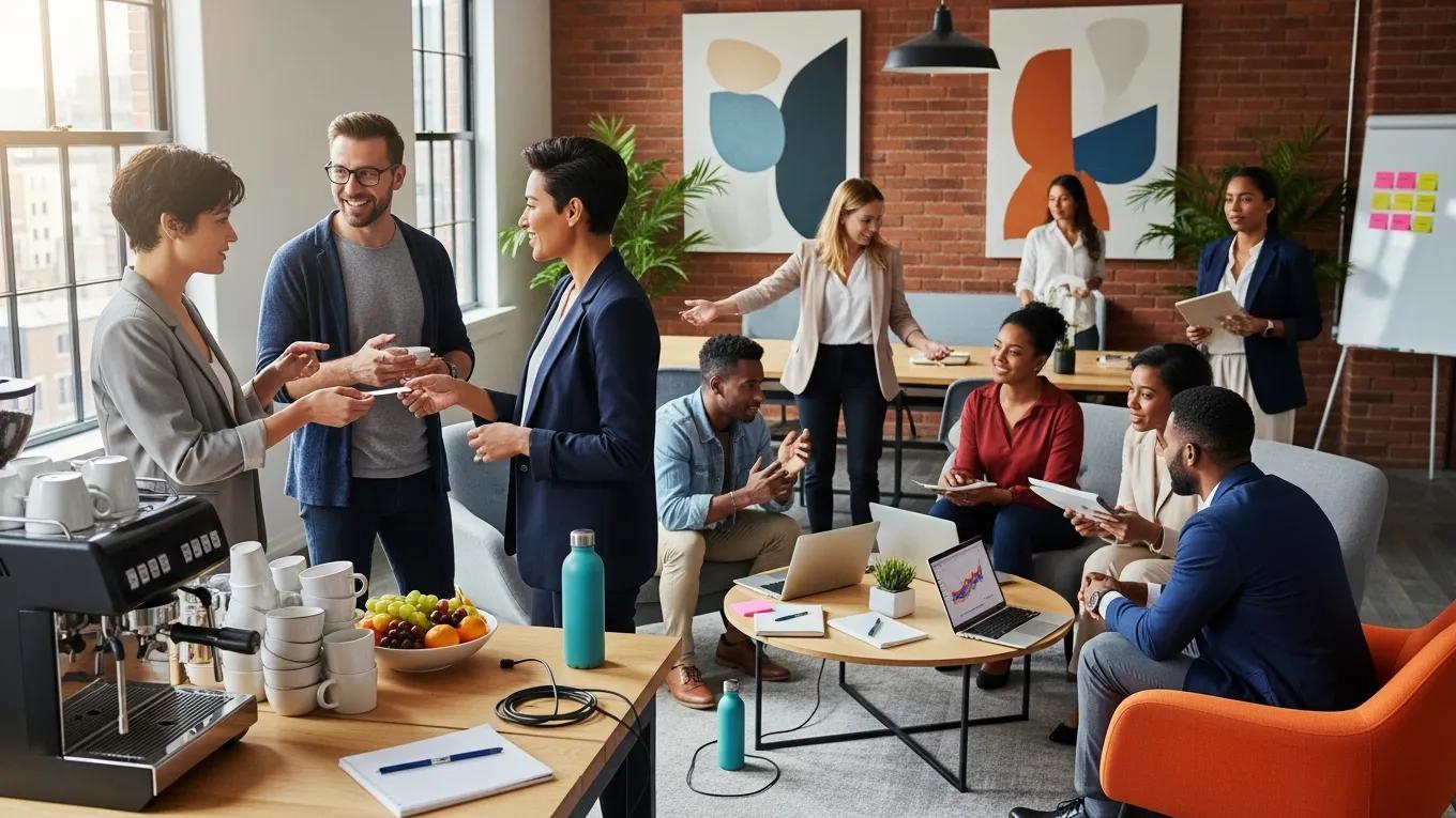 Entrepreneurs networking in a coworking space, highlighting collaboration and community benefits.