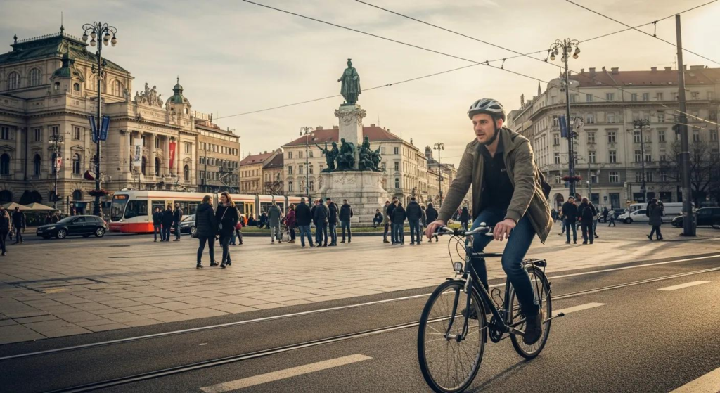 Man cycling in Zagreb's city center, near the Croatian National Theatre, with trams and pedestrians in the background, showcasing urban mobility and local transport options.