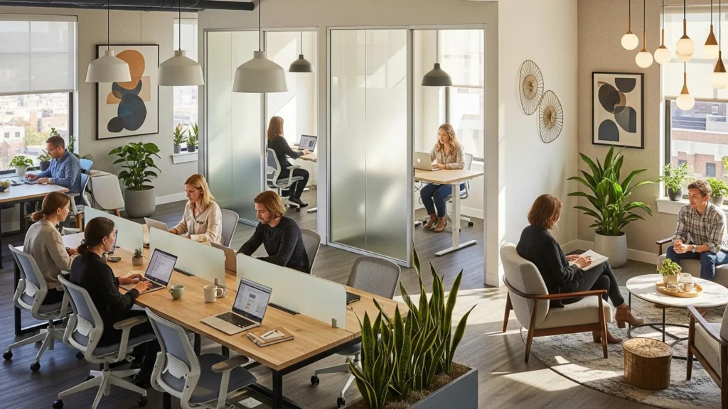 Moderne Coworking-Umgebung mit flexiblen Arbeitsplätzen, Mitarbeitern an Laptops, Gemeinschaftsbereichen, Pflanzen und inspirierender Atmosphäre in Zagreb.
