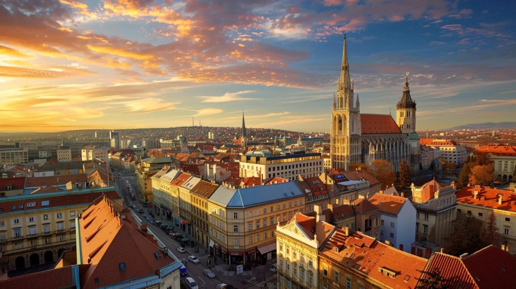 Panoramic view of Zagreb's skyline at sunset, featuring St. Stephen's Cathedral and vibrant rooftops, highlighting the city's charm for digital nomads and remote workers.