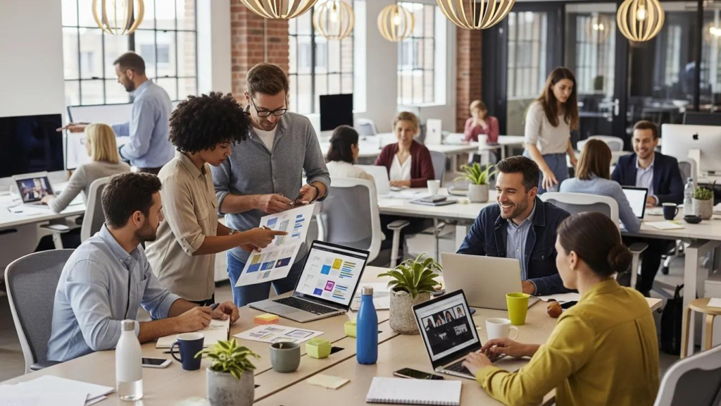 Coworking-Space in Zagreb mit vielfältigen Fachleuten, die zusammenarbeiten, Projekte besprechen und Laptops nutzen, und die flexible Arbeitsumgebung für Freelancer und Startups veranschaulichen.