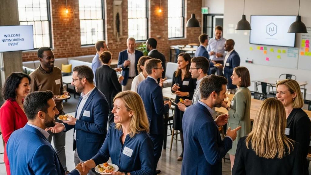 Networking-Event in einem Coworking-Space, Fachleute, die sich austauschen und Kontakte knüpfen, mit Speisen und Getränken, einladender Atmosphäre sowie Fokus auf Zusammenarbeit und Gemeinschaft.