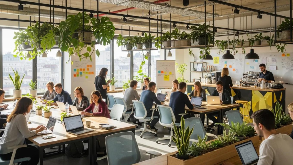 Coworking space in Zagreb featuring multiple individuals working at desks with laptops, surrounded by plants and a modern aesthetic, illustrating the flexible office environment for freelancers and startups.