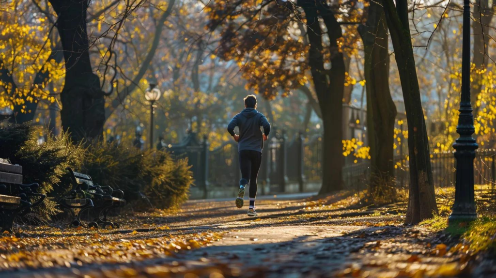 Person jogging along a tree-lined path with autumn foliage, illustrating outdoor activities in Zagreb near coworking spaces.