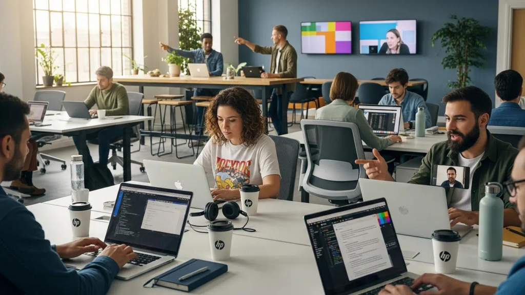 Moderne Coworking-Umgebung mit mehreren Personen, die an Laptops arbeiten, Besprechungsbereich mit Präsentationstechnologie, Fokus auf Zusammenarbeit und Produktivität, ideal für Freelancer und kleine Teams in Zagreb.