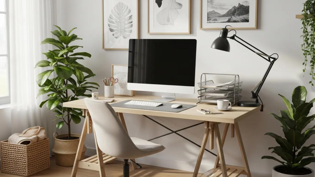 Moderner Arbeitsplatz mit Schreibtisch, Computer, Pflanzen und Achtsamkeitsumgebung zur Förderung von Produktivität und Stressreduktion im Homeoffice.