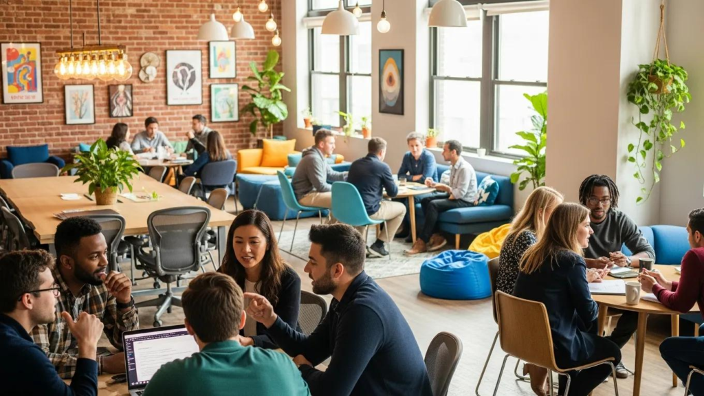 Coworking space with diverse groups collaborating, showcasing social interaction and community engagement in a modern work environment.