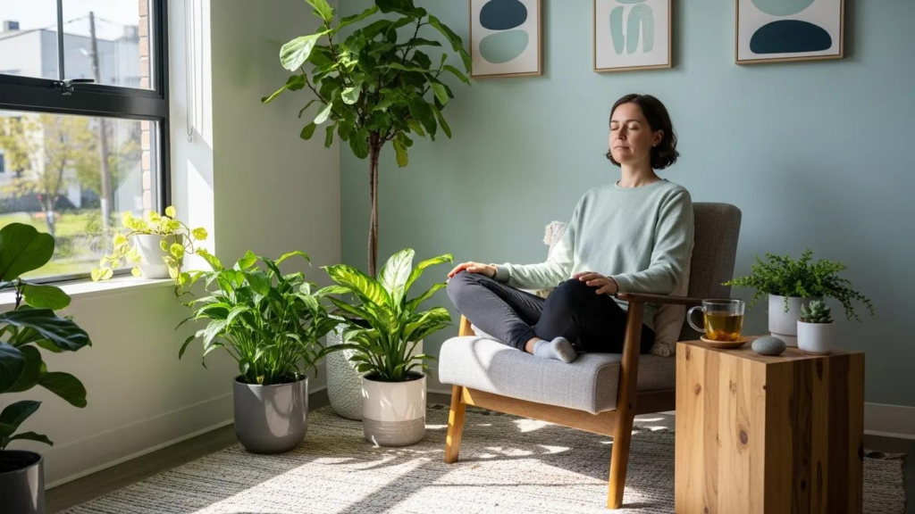 Frau in entspannter Pose auf einem Sessel, umgeben von Pflanzen, meditierend in einem hellen Raum mit natürlichem Licht, symbolisiert mentale Gesundheit und Wohlbefinden für Remote-Arbeiter.
