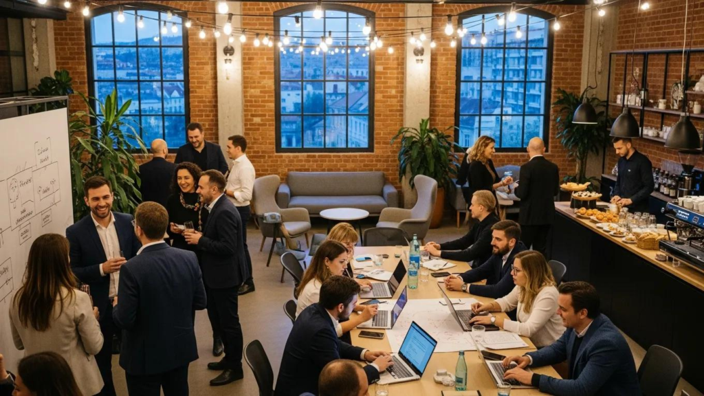 Coworking space in Zagreb with professionals networking, collaborating at tables, and engaging in discussions, highlighting the community and productivity benefits of flexible work environments.