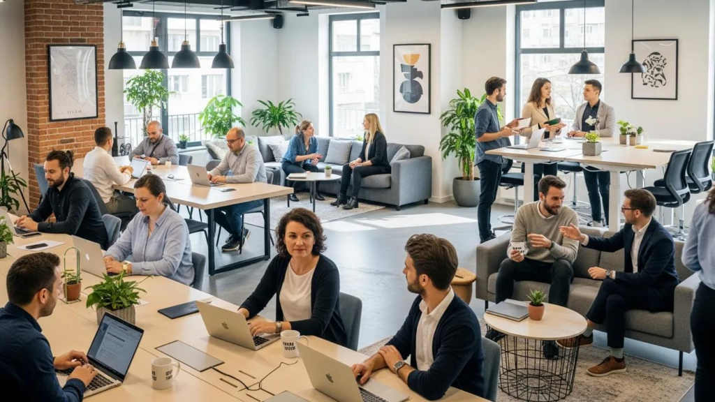 Coworking-Space in Zagreb mit Fachleuten, die zusammenarbeiten, Laptops nutzen und sich an Diskussionen beteiligen, wobei Gemeinschafts- und Networking-Möglichkeiten hervorgehoben werden.