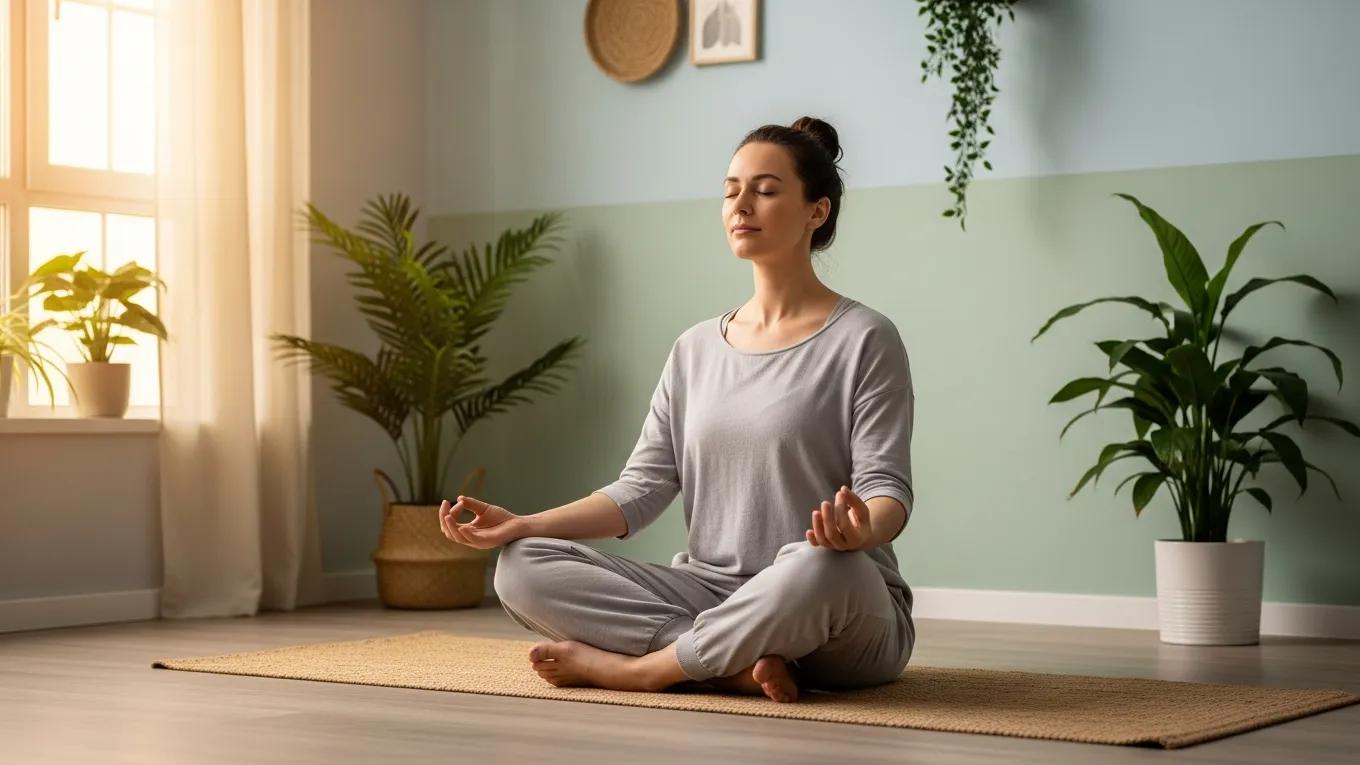 A woman meditates in a peaceful indoor space, practicing breathing techniques to reduce stress, surrounded by plants and natural light.
