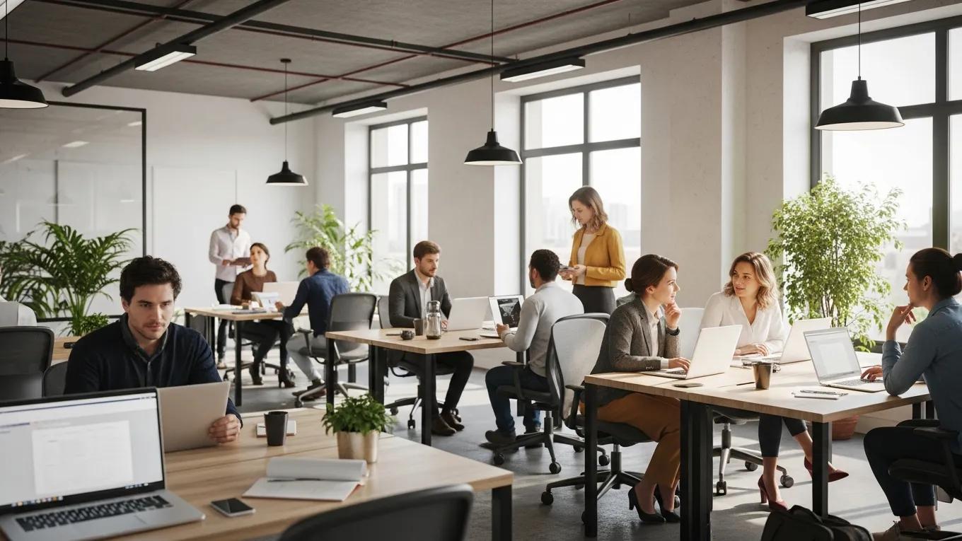 Modern coworking space in Zagreb with entrepreneurs collaborating and working together, emphasizing flexibility and community.