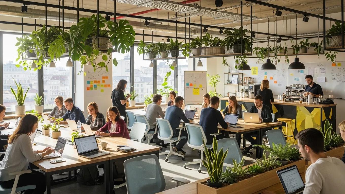Moderan coworking prostor u Zagrebu s ljudima koji surađuju i rade za stolovima, okružen biljkama i svijetlom, ilustrirajući fleksibilnost i zajednicu coworking radnog okruženja.