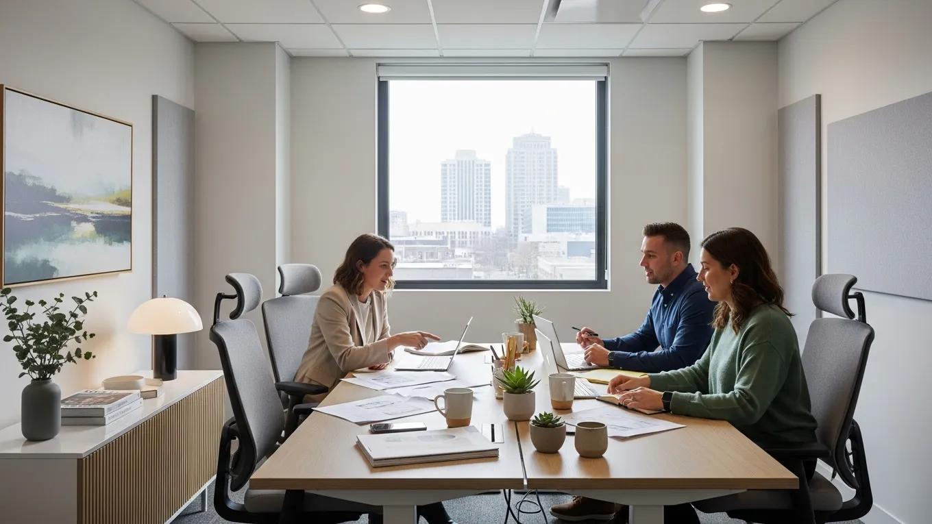 Privatni ured u coworking prostoru s malim timom koji surađuje, moderni interijer, prirodna svjetlost, biljke na stolu, laptopi i bilješke.