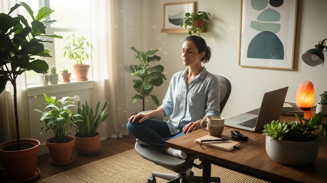 A woman practices mindfulness in a peaceful home office, surrounded by plants and natural light, with a laptop and a cup on the desk.