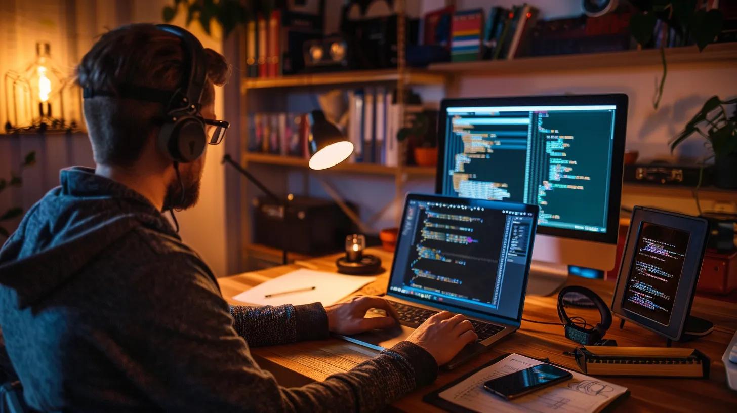 Person mit Kopfhörern, der auf Laptop programmiert, umgeben von Monitoren mit Code, in einem modernen Arbeitsbereich, passend zu den gefragtesten Freelance-Fähigkeiten 2026 wie Programmierung und Softwareentwicklung.