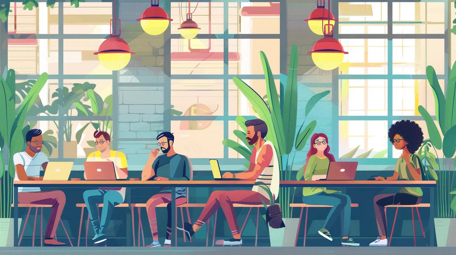 Grupa digitalnih freelancera radi na laptopima u modernom coworking prostoru, okružena biljkama i velikim prozorima, ilustrirajući rast freelance sektora u Hrvatskoj.