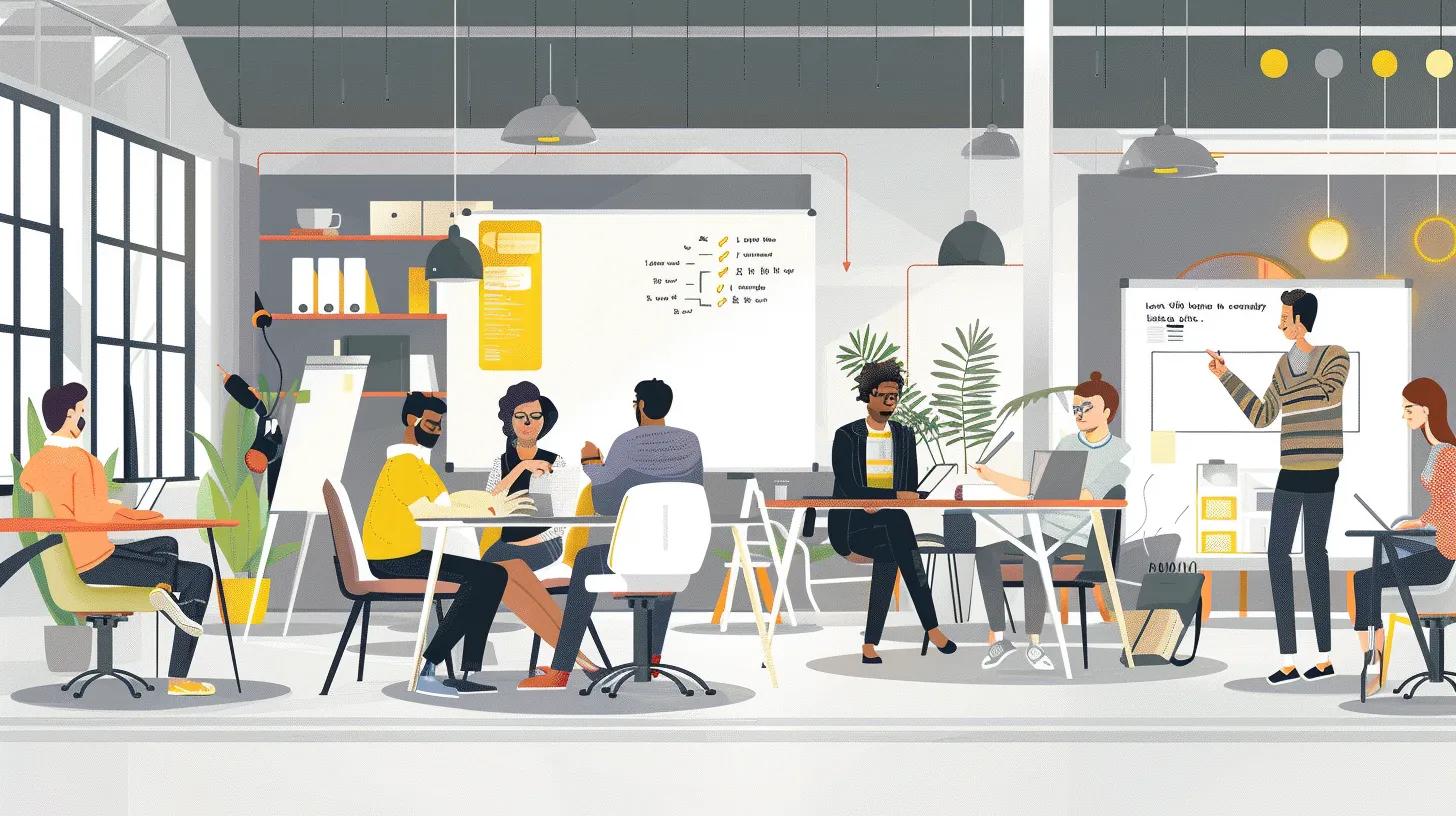 Illustration of a vibrant coworking space with diverse freelancers collaborating, using laptops, and engaging in discussions, highlighting the modern work environment conducive to productivity and networking.