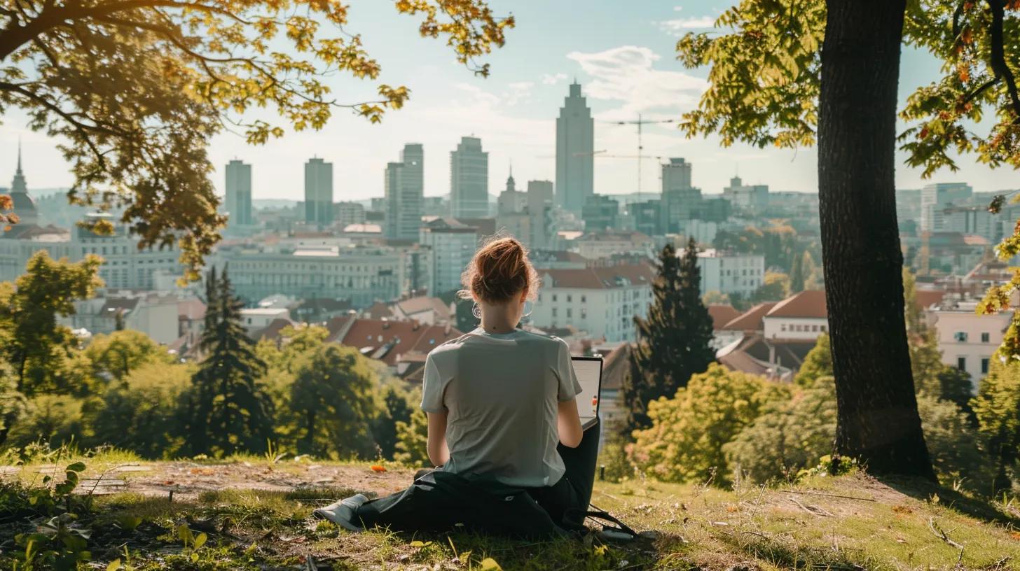 Osoba sjedi na travi s laptopom, okrenuta prema panorami Zagreba s modernim zgradama i drvećem u prvom planu, simbolizirajući rad na daljinu u dinamičnom urbanom okruženju.