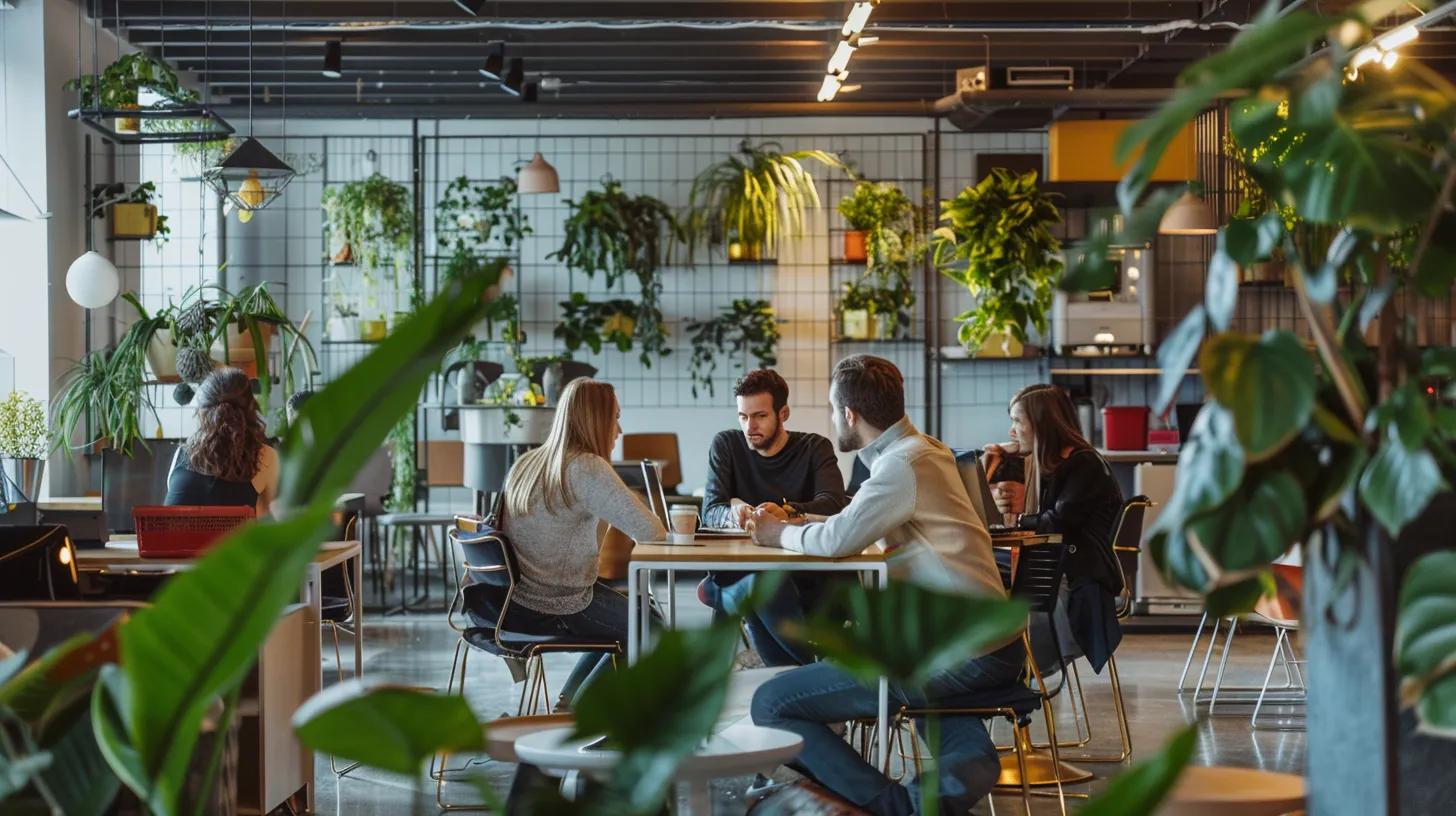 Grupa ljudi u modernom coworking prostoru u Zagrebu, okružena biljkama, razgovara i surađuje za stolom, ilustrirajući dinamično radno okruženje za digitalne nomade.