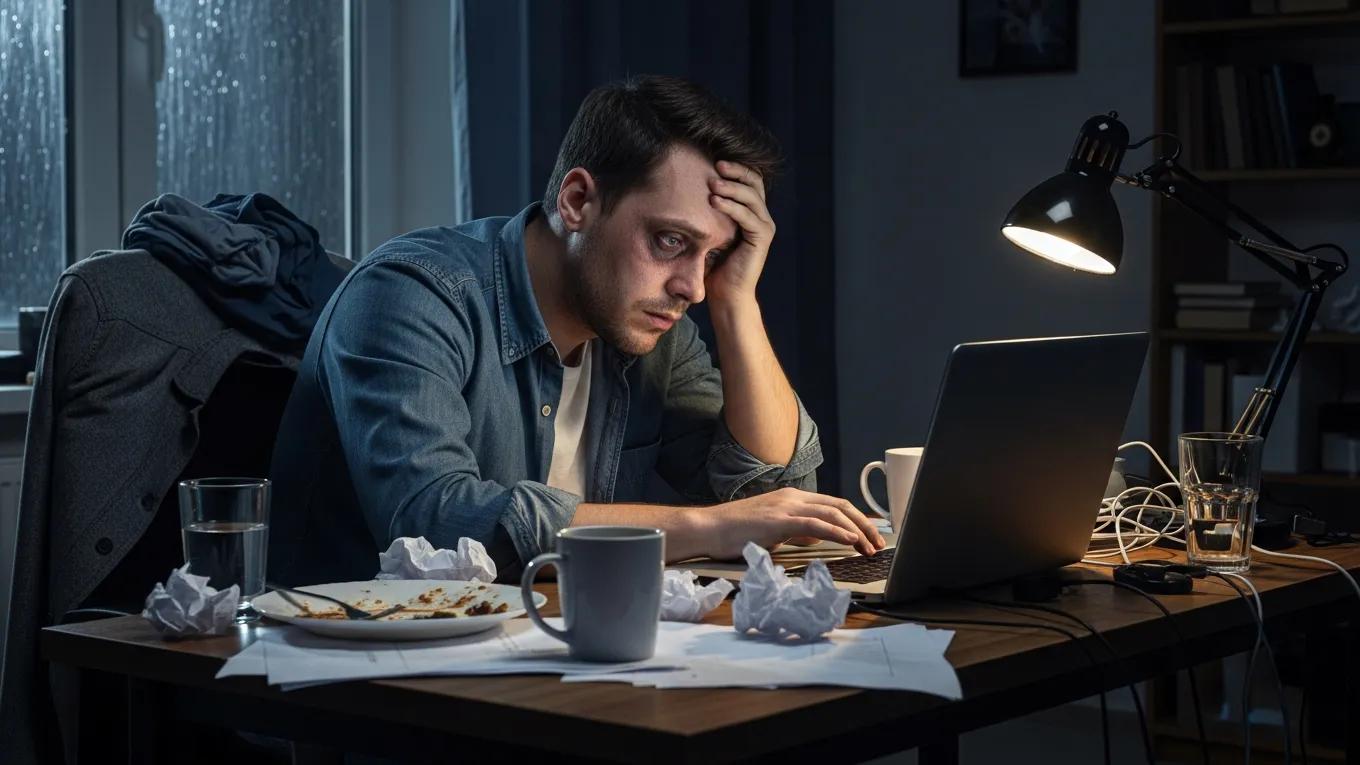 man having a burnout while working from home