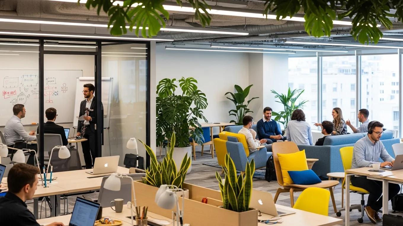 A vibrant coworking space with diverse workstations, illustrating collaboration and productivity