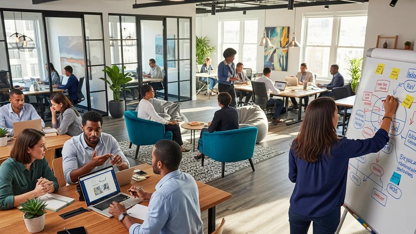 A vibrant coworking space with professionals collaborating and working efficiently in a modern environment
