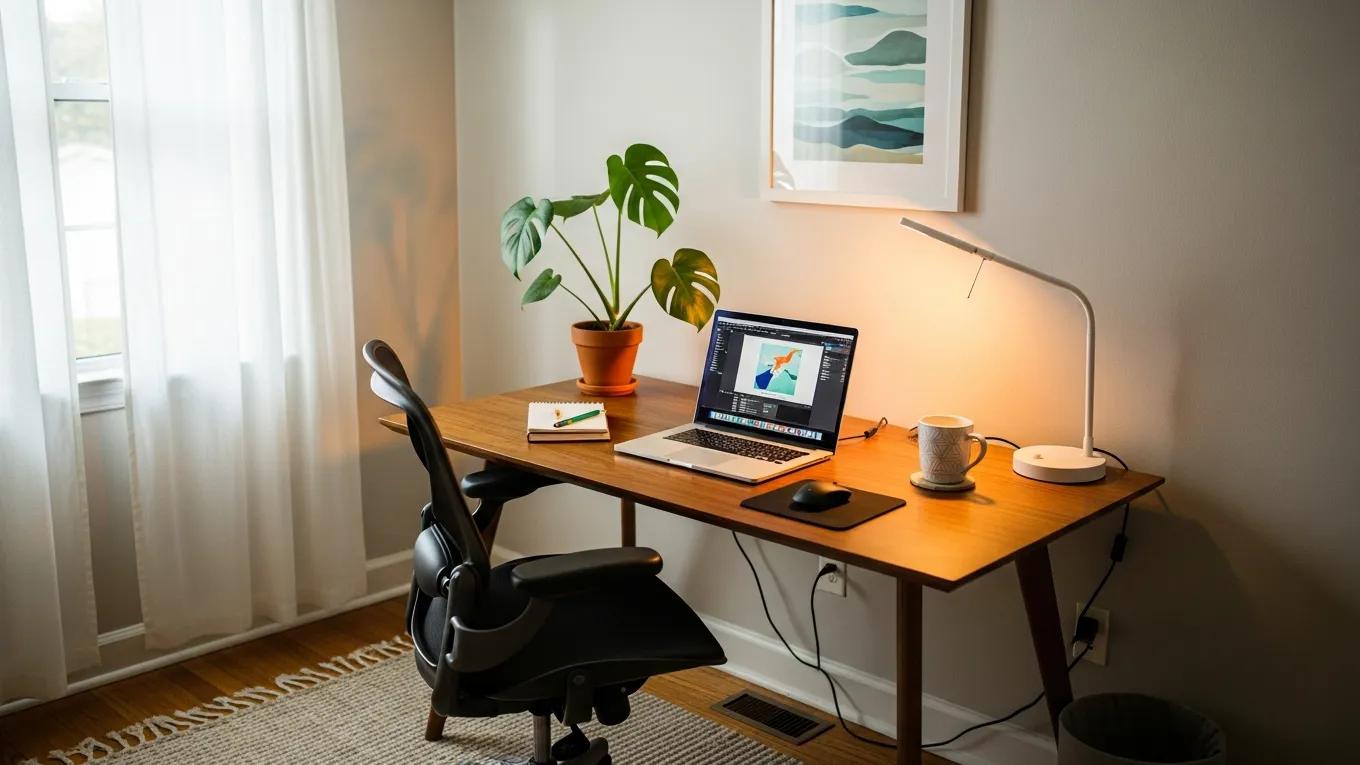 A well-organized home office with a laptop and minimal distractions, promoting focus and productivity
