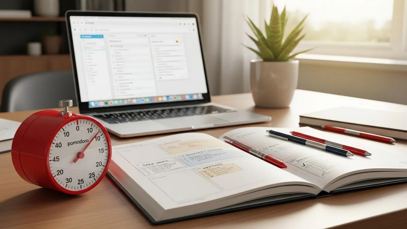 Close-up of a Pomodoro timer and organized planner in a serene workspace emphasizing time management techniques
