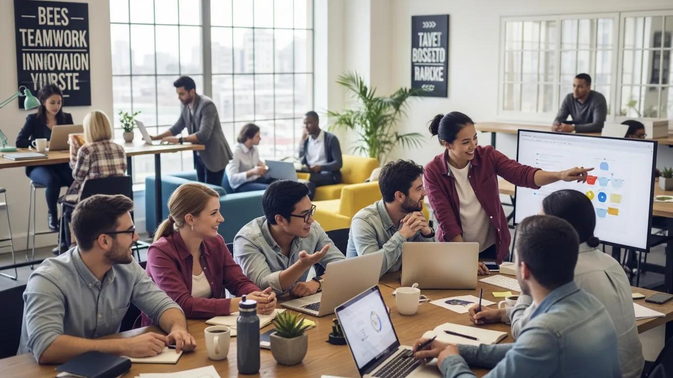Diverse group collaborating in a coworking space, representing motivation and support