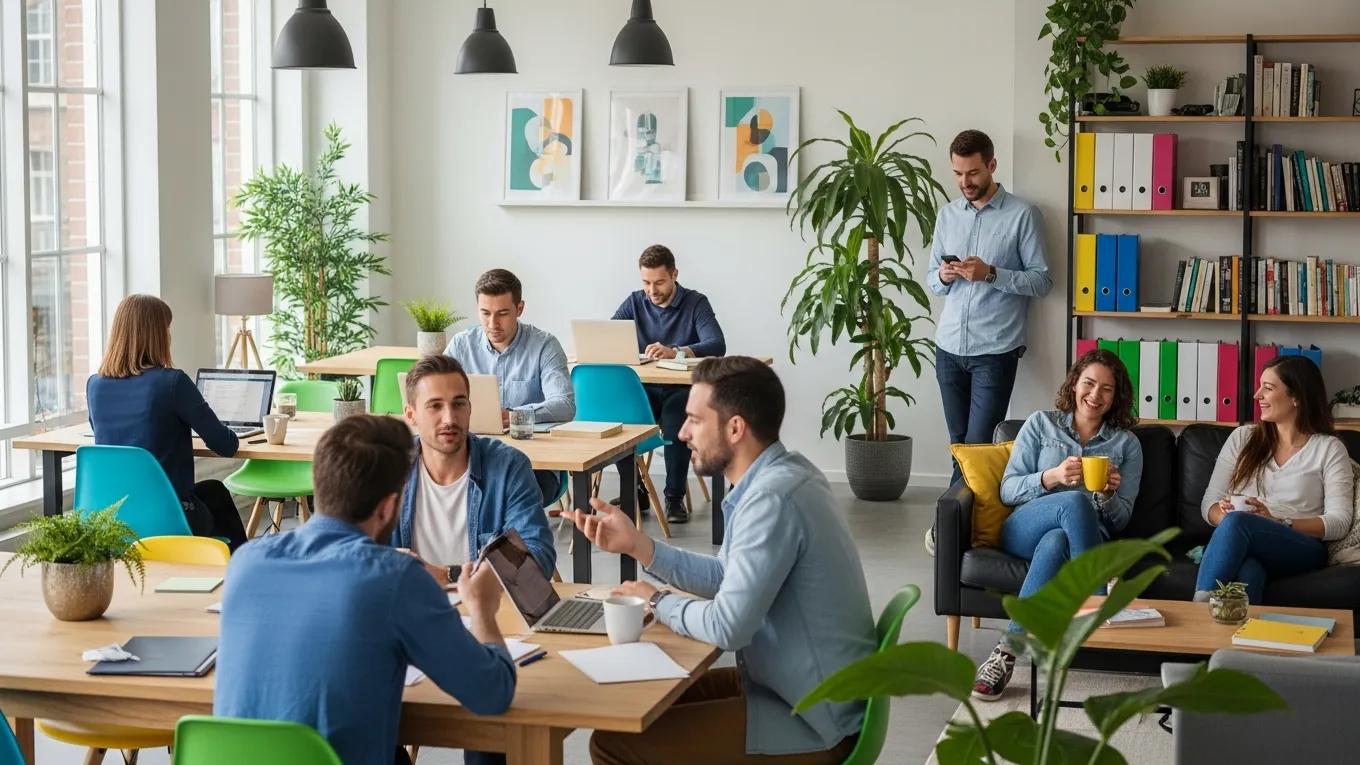 Dynamic coworking space with professionals collaborating, enhancing mental health and productivity