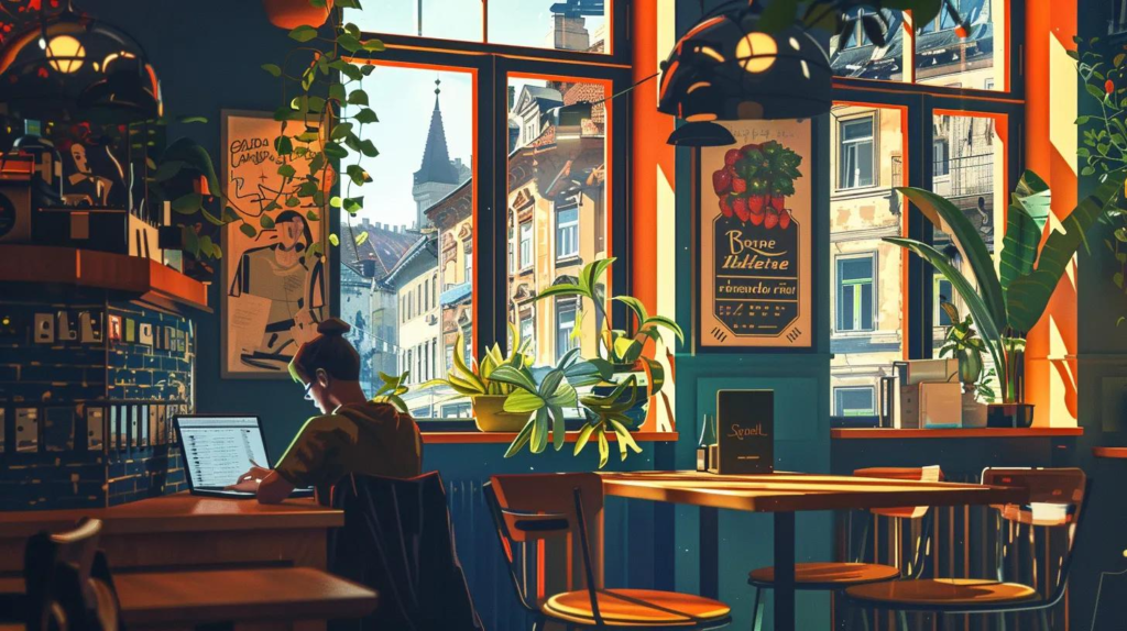 Person working on a laptop in a vibrant coworking space with large windows, plants, and colorful decor, illustrating a conducive environment for remote work in Zagreb.