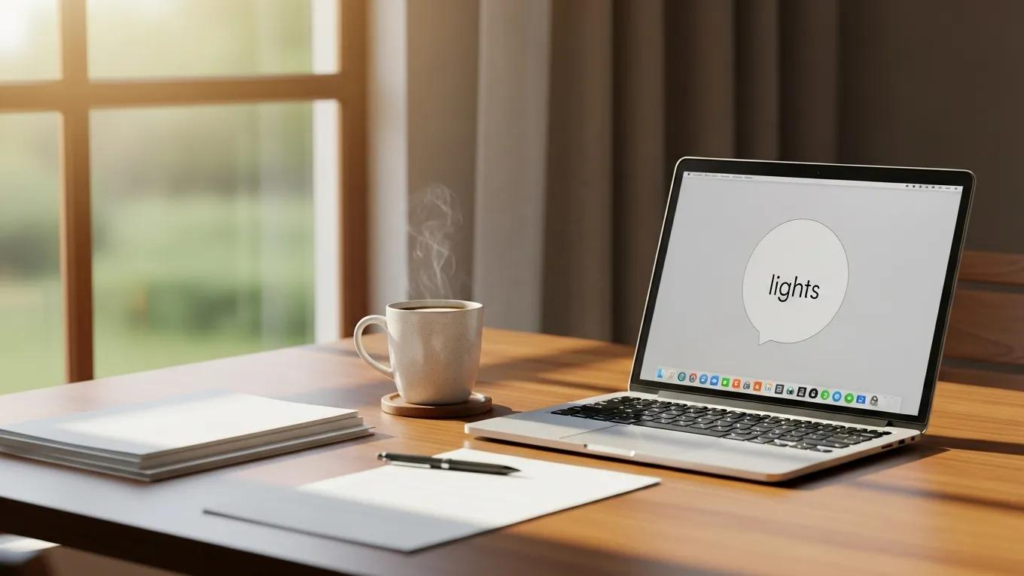 Laptop on wooden desk with steaming coffee cup, blank papers, and sunlight streaming through a window, symbolizing productivity and structured morning routines.