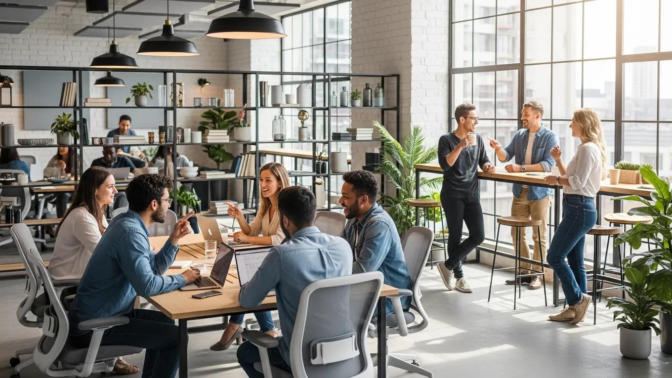 Lively coworking space showcasing teamwork and networking opportunities