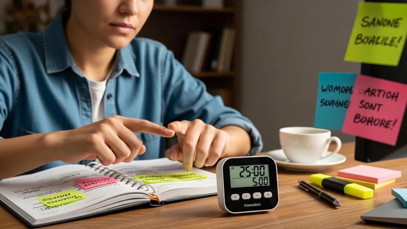 Person using a timer at a desk, illustrating effective time management techniques
