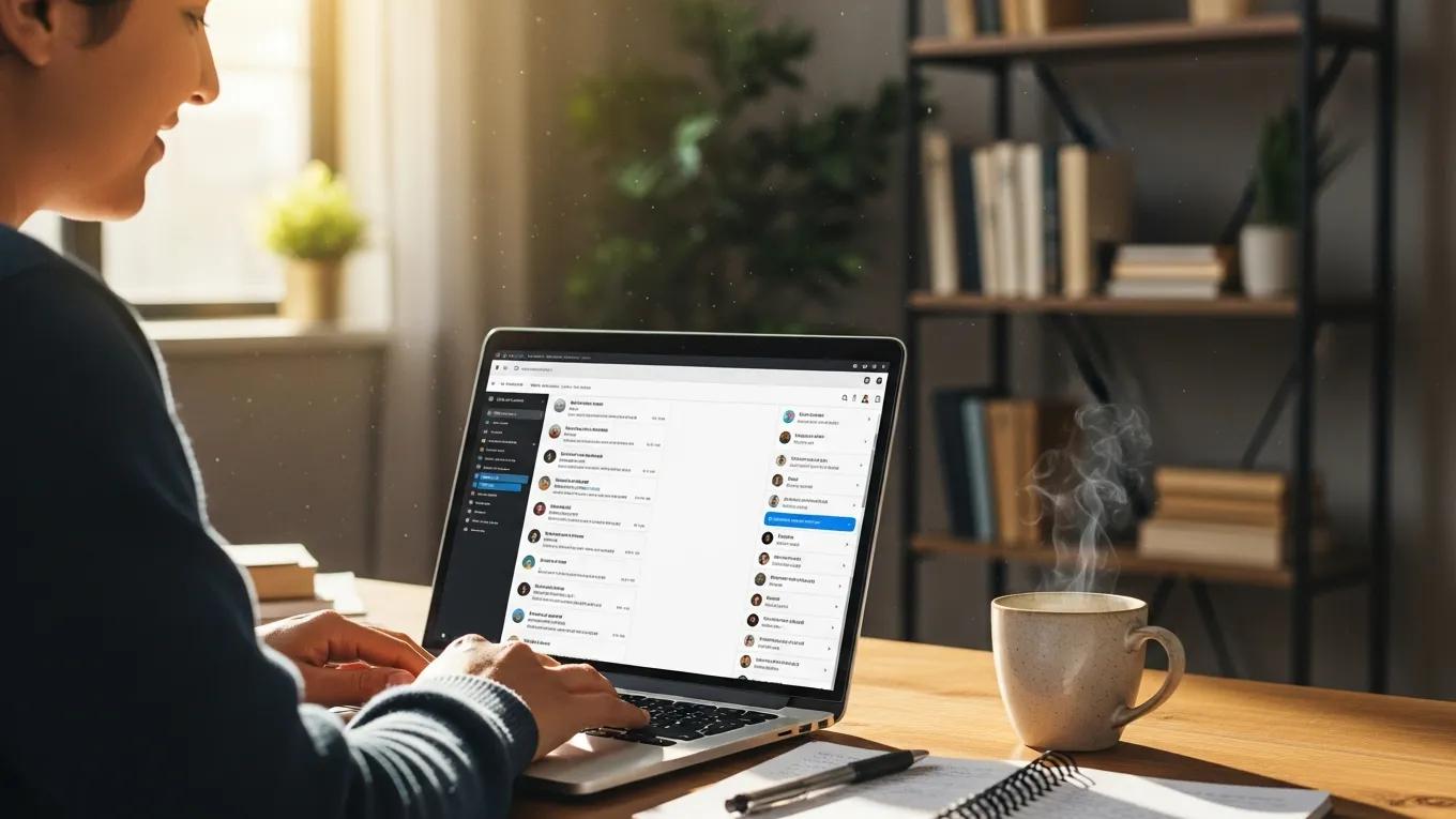 Person using digital communication tools in a cozy home office