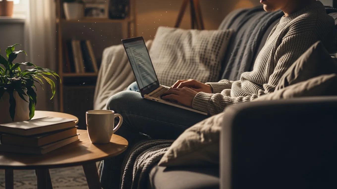 Person working remotely in a cozy setting, highlighting the impact on mental health