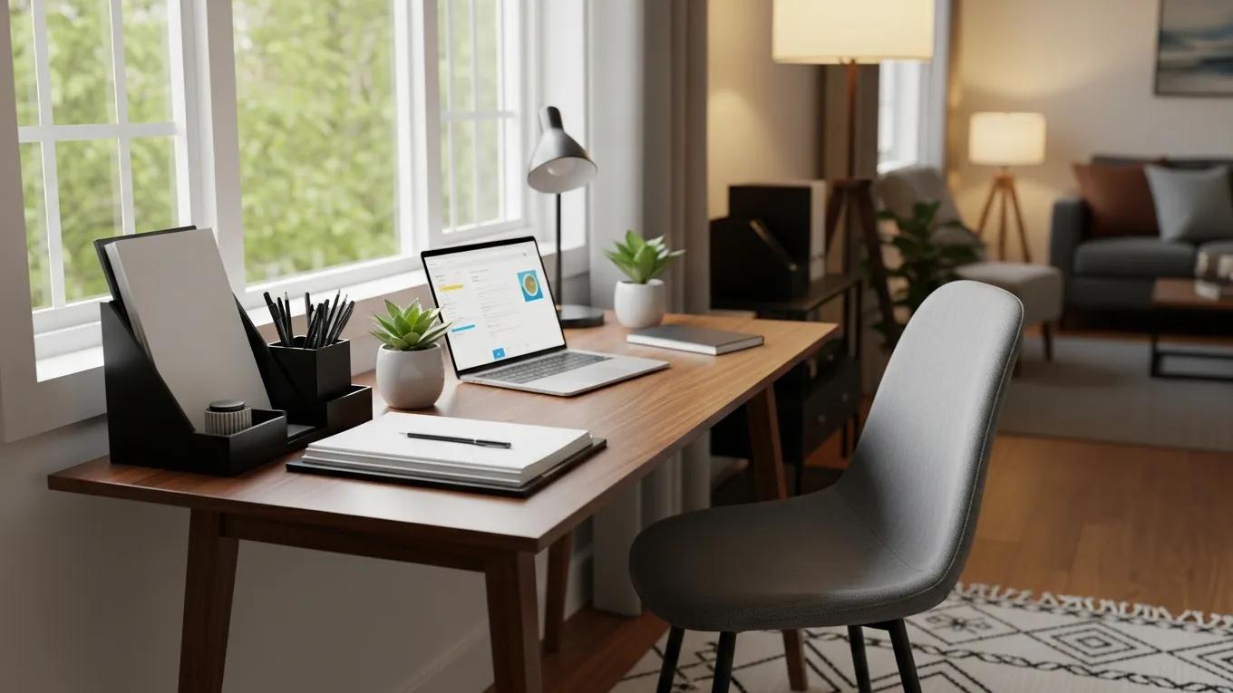 Well-organized home workspace illustrating the impact on work-life balance