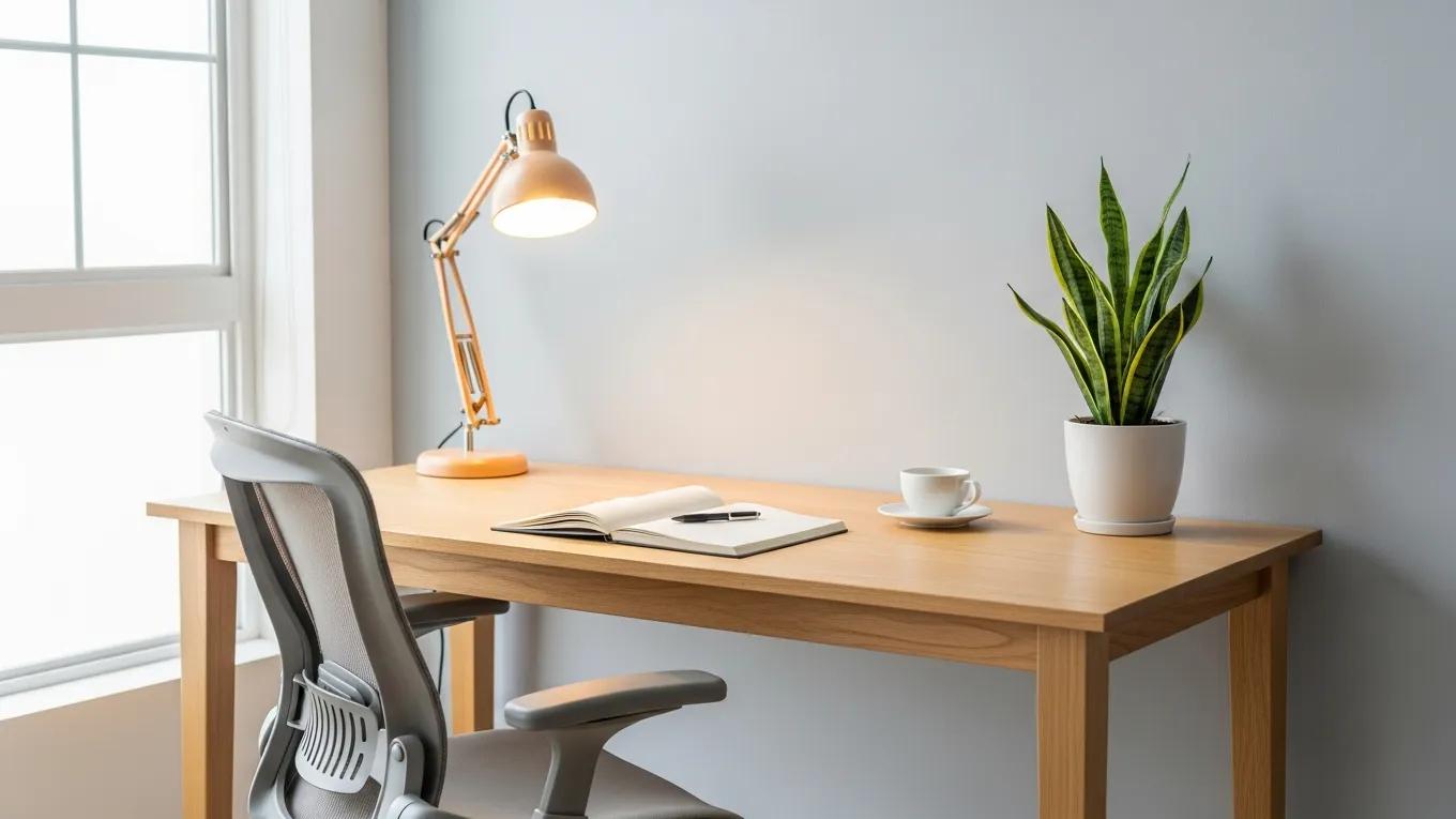 Well-organized workspace with ergonomic furniture and minimal clutter for improved focus