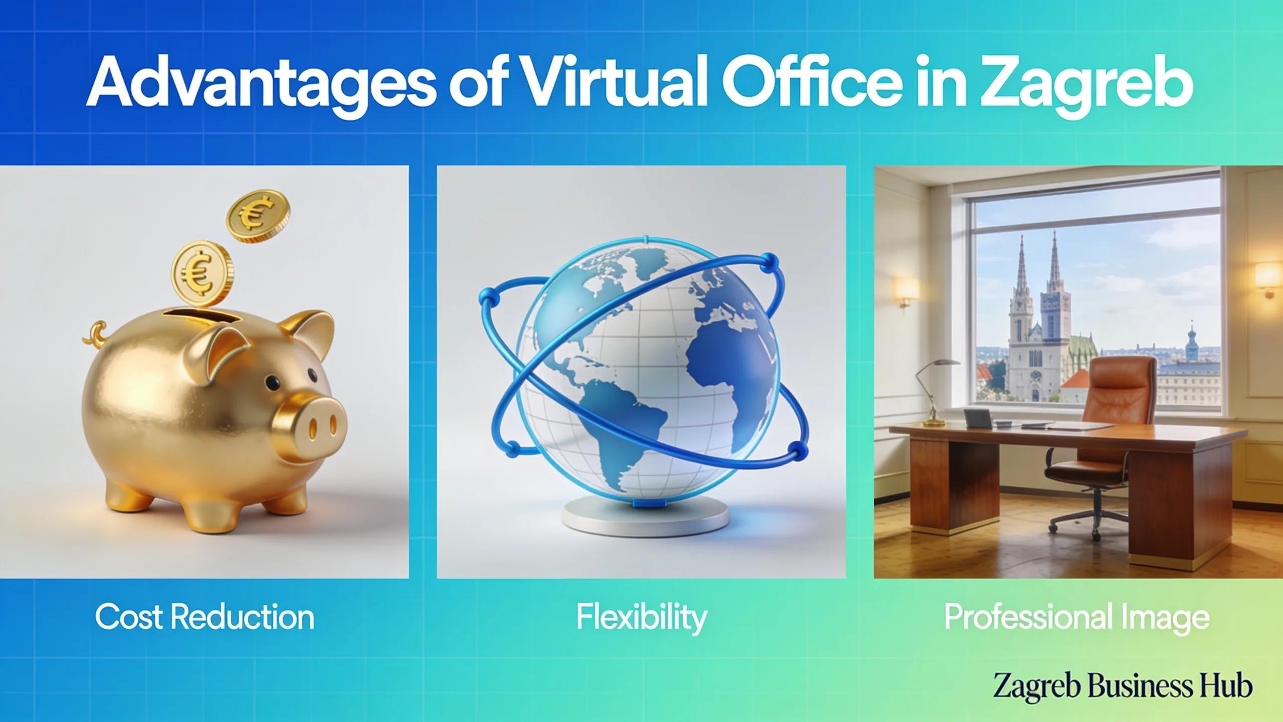 Visual representation of the advantages of a virtual office, including cost reduction and flexibility in a modern setting