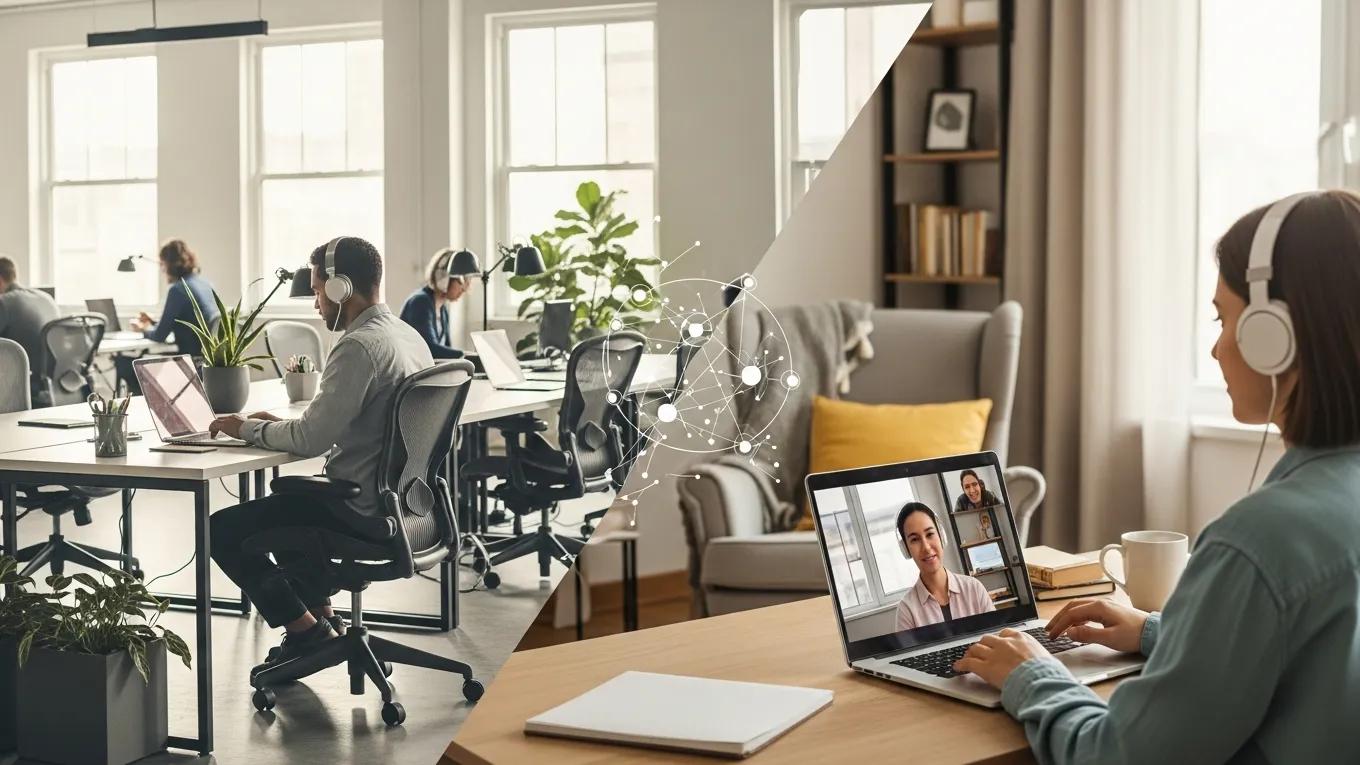 A hybrid workspace illustrating remote and in-office collaboration with modern technology