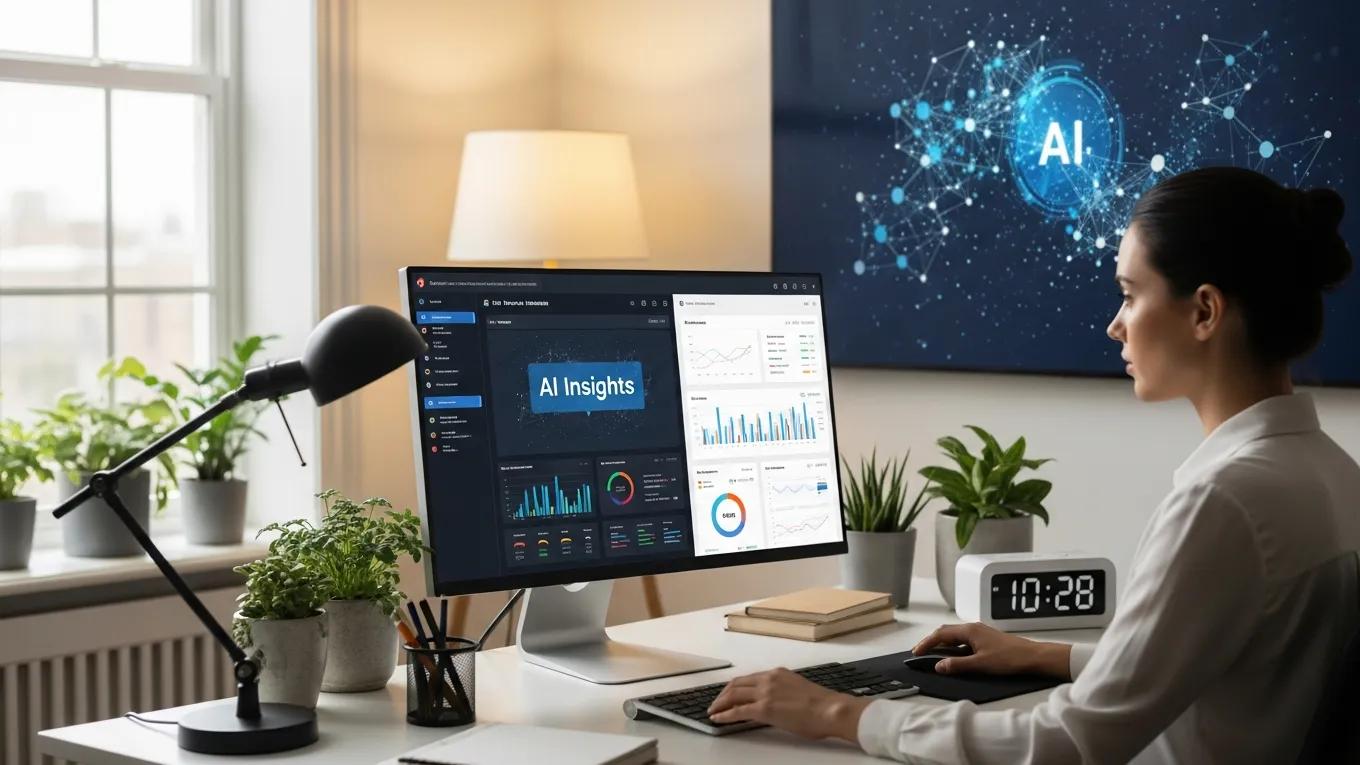 Business owner analyzing AI data in a modern office setting