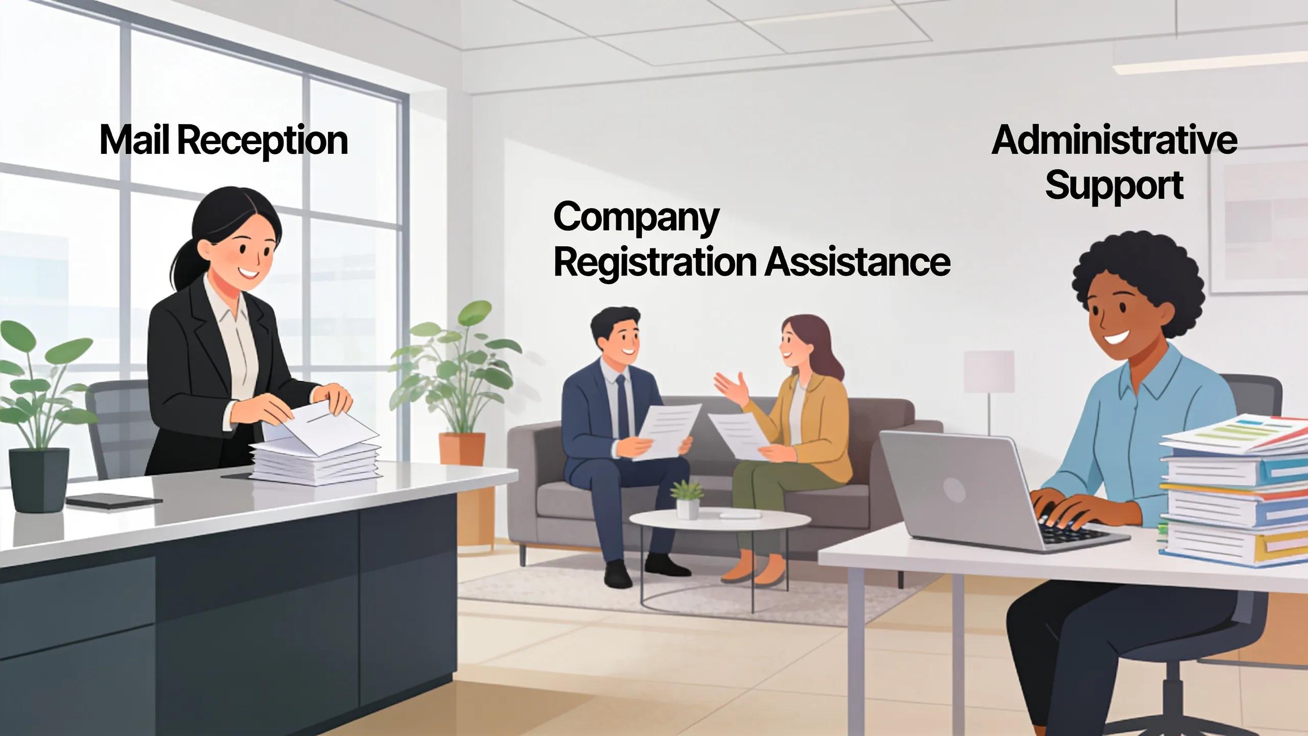 Professionals engaged in various administrative services in a modern office, focusing on virtual office offerings